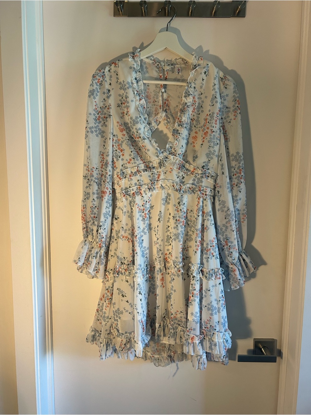 Floral Ruffle V-Neck Mini Dress - Light Blue Floral